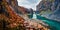 Tourist went to the bottom of canyon and admired the beauty of basalt columns. View from flying drone of Studlagil Canyon. Picture