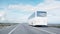 Tourist white bus on the road, highway. Very fast driving. Touristic and travel concept. 3d rendering.