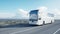 Tourist white bus on the road, highway. Very fast driving. Touristic and travel concept. realistic 4k animation.