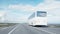 Tourist white bus on the road, highway. Very fast driving. Touristic and travel concept. realistic 4k animation.