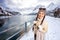 Tourist woman against mountain landscape in South Tyrol, Italy