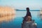 Tourist woman with backpack resting on wooden bridges on tranquil lake