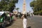 Tourist woman in the carriages that there in the Jamaa el Fna square which is the central square of Marrakech, the most important