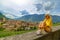 tourist woman by Chur cityscape in Switzerland