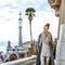 Tourist woman at Guell Park in Barcelona having walking tour