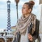 Tourist woman at Guell Park in Barcelona, Spain looking aside