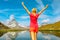 Tourist woman at Matterhorn on Riffelsee Lake