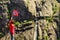 Tourist woman with norwegian flag in rocks mountains