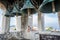 Tourist woman posing in church tower, Euphrasian Basilica, Porec, Croatia