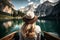 Tourist woman is sailing on a boat on a transparent lake among the mountains. Back view. Ai generated