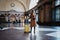Tourist woman with suitcase retro camera on platform station in Barcelona. Girl traveler waiting train enjoy holiday weekend
