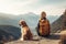 Tourist Woman Traveling With Dog, Admiring Mountain View