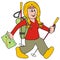 Tourist woman, young person with hiking sticks, map and backpack, vector illustration