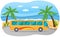 Tourist yellow bus with tinted windows driving on road. Public transport for transporting people