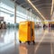 Tourist yellow suitcase at floor airport on background, bright luggage waiting in departure lounge hall of airport