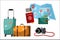 Touristic accessory and attributes set. Suitcase, paper world map, passport, purse, camera. Objects isolated on white