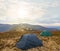 Touristic camp on a mountain ridge at the sunset