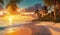 Touristic paradise: idyllic sunset beachscape, seashore, palms, Maldives oasis, warm tones. AI generated