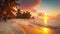 Touristic paradise: idyllic sunset beachscape, seashore, palms, Maldives oasis, warm tones. AI generated