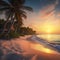 Touristic paradise: idyllic sunset beachscape, seashore, palms, Maldives oasis, warm tones. AI generated