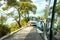 Touristic small buses on narrow mountain road in Gibraltar. Europa