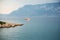 Touristic Yacht of the Aegean Sea with islands, rocks, deep blue water and mountains in the background. Marmaris, Turkey