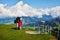 Tourists in Austrian Alps at Larchfilzkogelof gondola lift station on Henne mountain