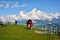 Tourists in Austrian Alps at Larchfilzkogelof gondola lift station on Henne mountain