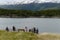 Tourists in the Bay Lapataia in the national Park of Tierra del Fuego.