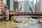 Tourists boat on the Chicago River of Chicago Downtown, USA