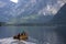 Tourists by boat on Lake Hallstattersee