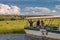 Tourists in a boat observe elephants along the Chobe River, Botswana, Africa