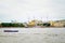 Tourists boating on the river in St. Petersburg. Beautiful view of the city