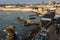 Tourists at Caesarea ancient port. The ancient Caesarea Maritima city and harbor was built by