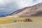 Tourists camping in Mongolian hills. Three tents under the open cloudy sky