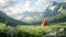 Tourists Camping. Picnic tent on a mountain meadow