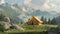 Tourists Camping. Picnic tent on a mountain meadow