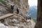 Tourists on Cengia Martini footpath, Lagazuoi, Italian Alps