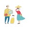 Tourists in the city. Man with a suitcase looks at a map. A woman next to him photographs sights. Vector illustration