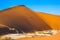 Tourists climb the sharp ridge of high dunes