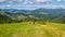 Tourists descend from the mountains to the valley, Carpathians, Ukraine, Nature landscape.