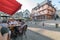 Tourists dining out in restaurants at the Place Notre Dame Square in Josselin