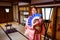 Tourists dressed into the Beautiful National Kimono in the Japanese Castle