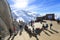 Tourists enjoy Panoramic view on Chamonix terrace