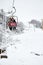 Tourists enjoying cable car ride going up to the top of the Bayo Hill Cerro Bayo on snowy day in Villa La Angostura