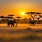 Tourists enjoying the lanscape at sunset after safari excurison in the African savannah