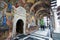 Tourists at the entrance to the Church of the Monastery of Rila, Bulgaria