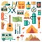 Tourists equipment and travel accessories vector set.