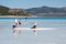 Tourists exploring scenic Salda lake at sunny day