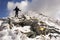 Tourists and the first snow in autumn on Goverla